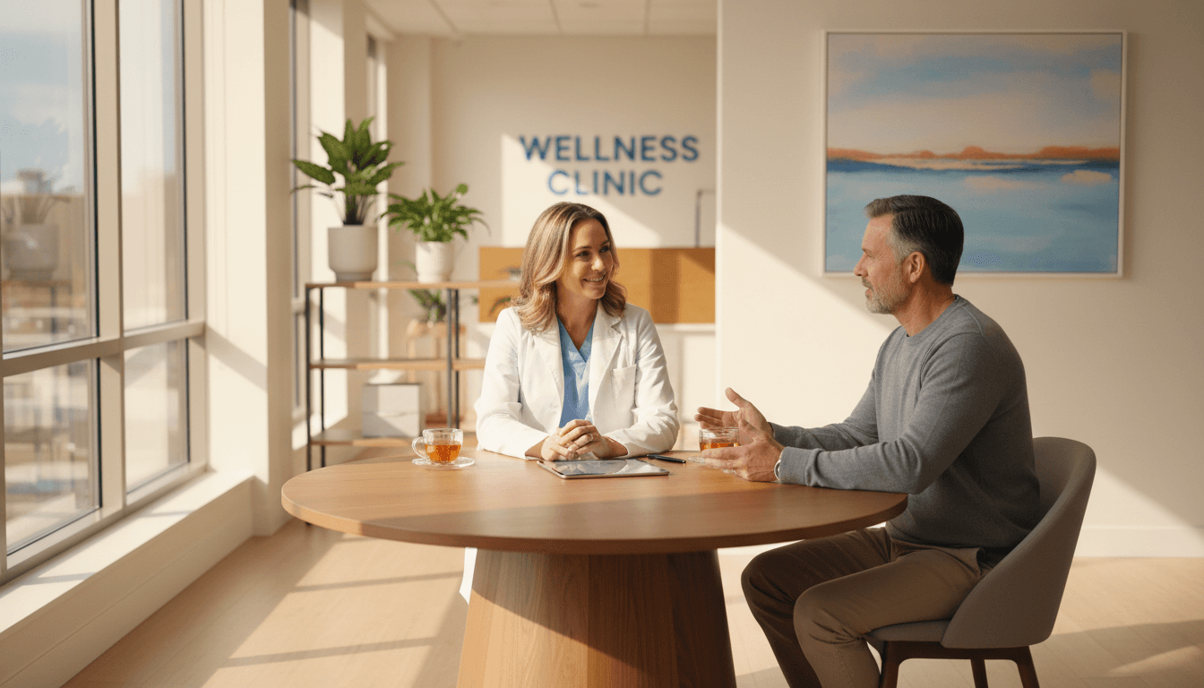 Healthcare professional having a consultation with a patient in a bright modern medical clinic setting