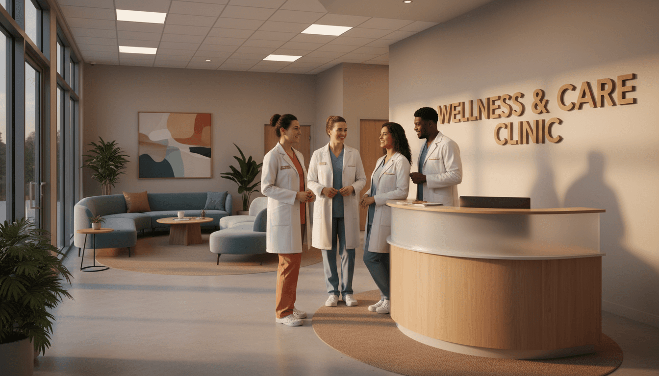 Compassionate healthcare team in a bright, modern medical facility providing patient care