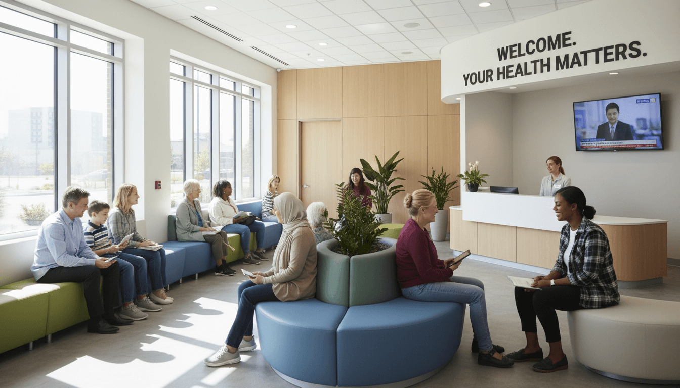 Welcoming healthcare clinic interior with patients in modern medical facility