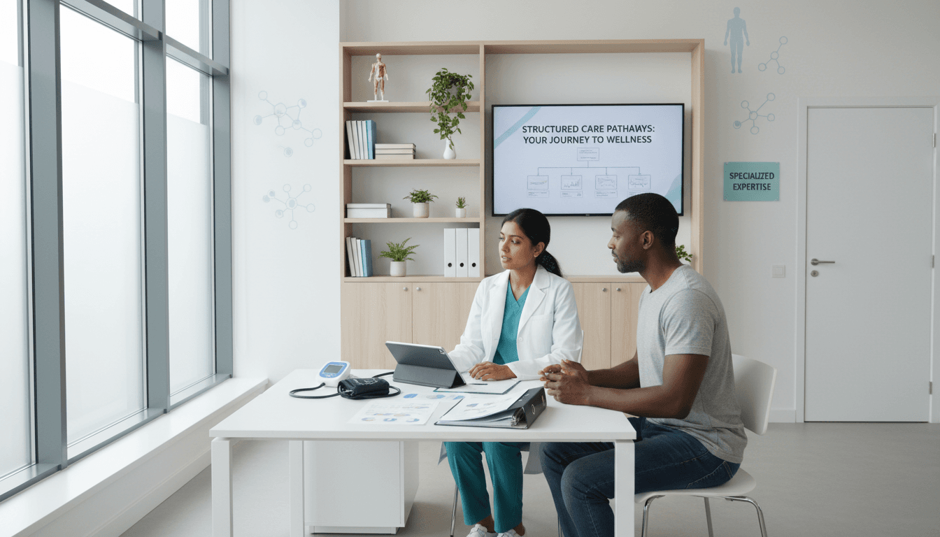 Modern healthcare clinic consultation room with professional and diverse patient reviewing personalized health assessment with natural lighting