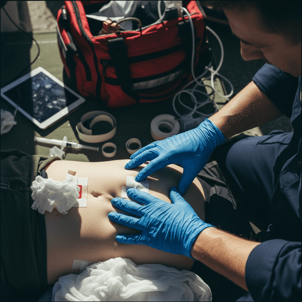 Paramedic performing hands-on trauma assessment with clinical precision during emergency medical response